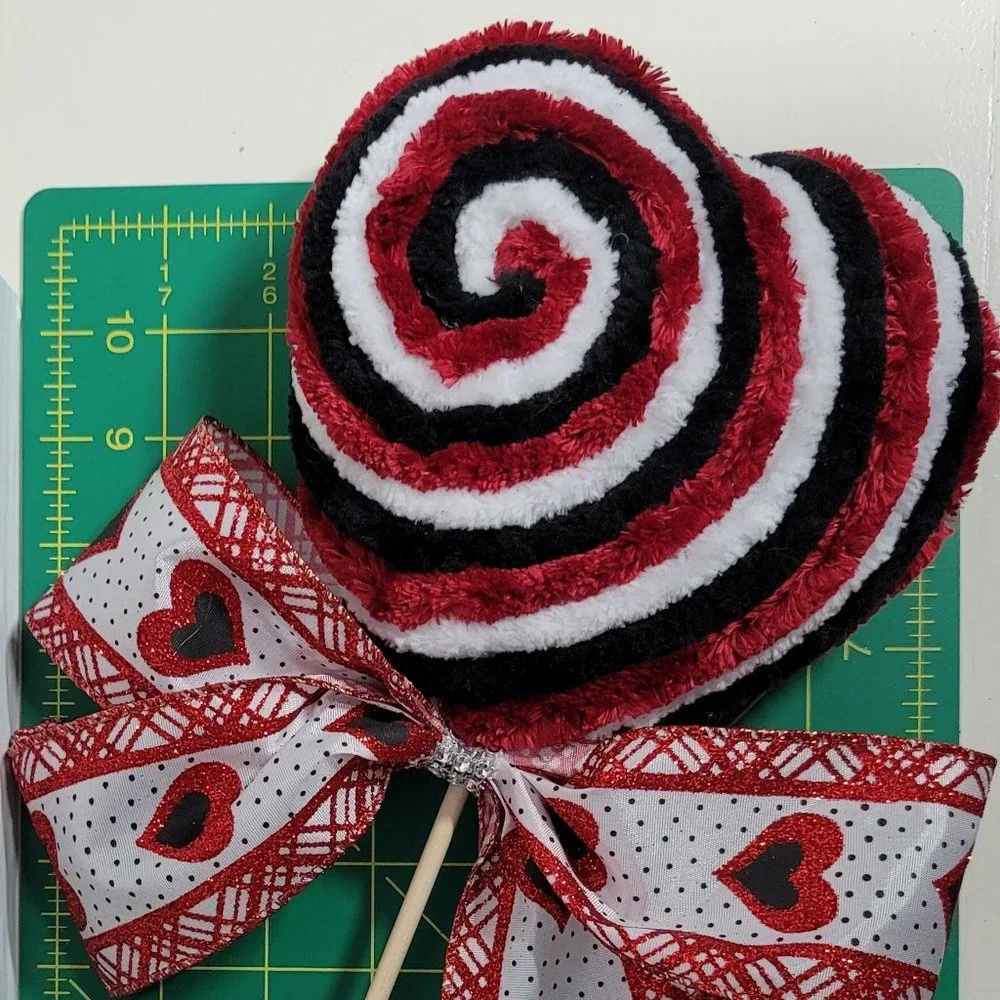 Decorative Velvety Yarn Dark Red Black & White Heart Lollipop w Red Heart Bow #3